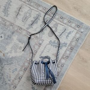 J. Crew Blue Gingham Crossbody Bucket Bag With Tassels